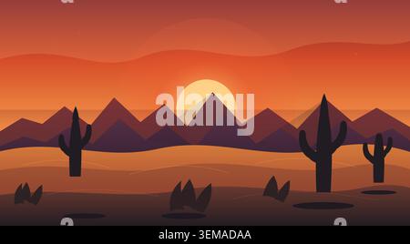 Minimalist desert landscape with mountains and cacti at sunset Stock Vector