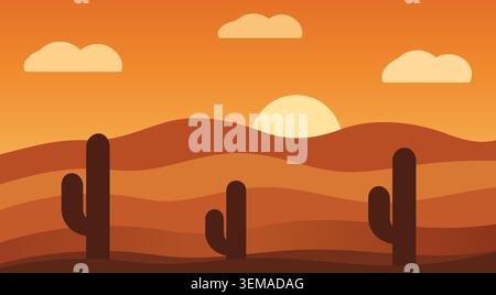 Minimalist desert landscape with cacti and sunset in flat vector style Stock Vector