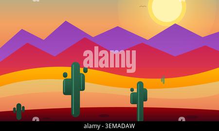 Minimalist desert landscape with cacti and mountains at sunset Stock Vector