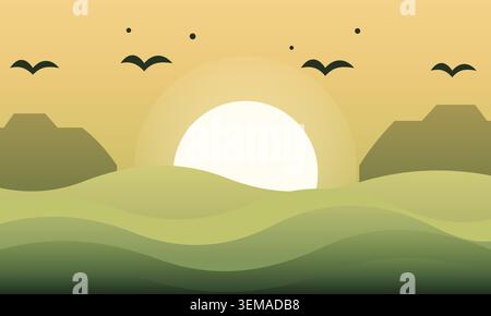 Minimalist landscape illustration with rolling green hills and a sunset Stock Vector