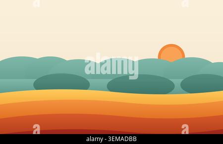 Retro minimalist landscape with rolling hills and a setting sun Stock Vector