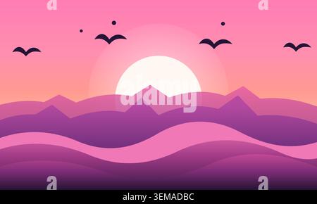 Abstract minimalist landscape with purple mountains and sunset sky Stock Vector