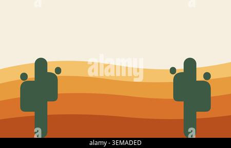 Retro 70s style desert landscape illustration with stylized cactus plants Stock Vector
