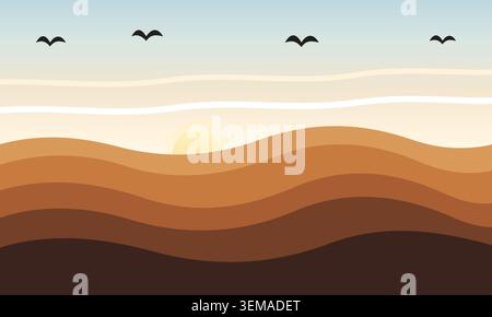Abstract desert landscape with sunset and birds in minimalist style Stock Vector
