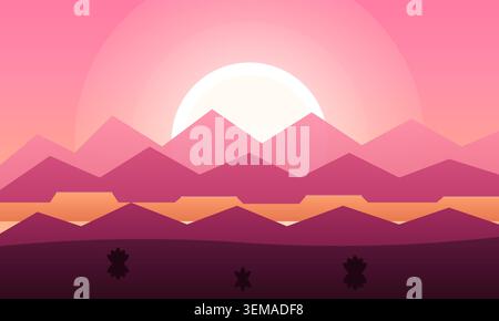 Minimalist landscape illustration with purple mountains and sunset Stock Vector