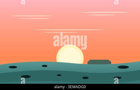 Minimalist landscape illustration with sunset and green rolling hills Stock Vector