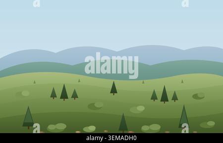 Flat vector illustration of a green landscape with hills and pine trees Stock Vector