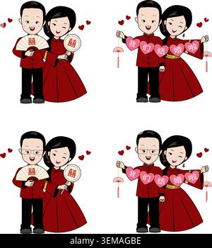 Chinese wedding couple in traditional red outfits cartoon vector set Stock Vector