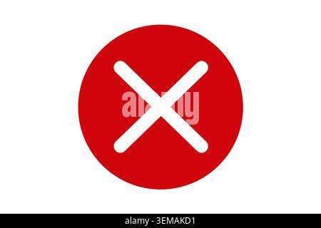 Red cross icon on white background, error symbol, cancel sign, warning badge, close button Stock Photo