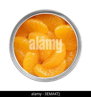 Canned mandarin oranges, in a tin can. Peeled, seedless and whole segments, packed in light sugar syrup. Ripe, bright orange, small and rounded fruits Stock Photo