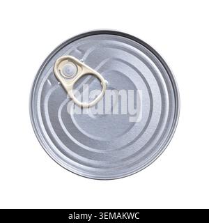 Round tin can, with ring-pull lid, isolated, from above. Easy-open can, rigid, cylindrical metal container, for convenient, tool-free opening. Stock Photo