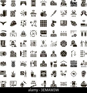 Collection of diverse black glyph icons illustrating various concepts Stock Vector