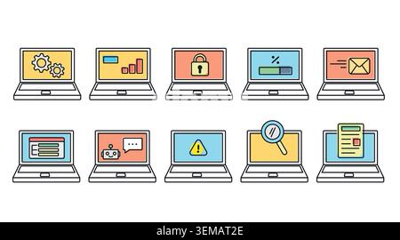 Mega set of 10 laptop computer icons: modern PC notebook vectors with business, security, chatbot, and analytics screens, black line art with offset c Stock Vector