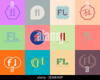 FL logo company template. Letter f and l logotype. Set different classic serif lettering and modern bold text with design elements. Initial font typog Stock Vector