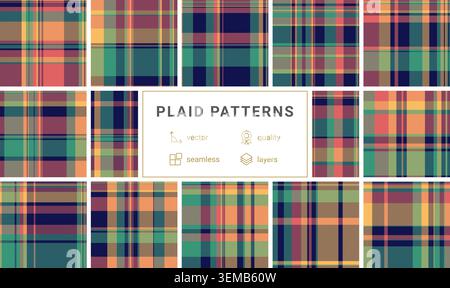 Dynamic tartan plaid pattern with bold coral, navy, and orange hues. Perfect for modern fashion designs, chic home decor, or digital backdrops, this v Stock Vector
