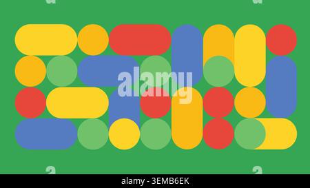 Vibrant geometric background with yellow, red, blue and green capsule shapes on a bold green surface, perfect for playful branding, modern web visuals and creative presentations Stock Vector