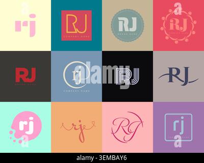 RJ logo company template. Letter r and j logotype. Set different classic serif lettering and modern bold text with design elements. Initial font typog Stock Vector