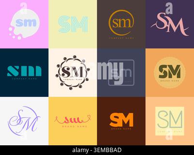 SM logo company template. Letter s and m logotype. Set different classic serif lettering and modern bold text with design elements. Initial font typog Stock Vector