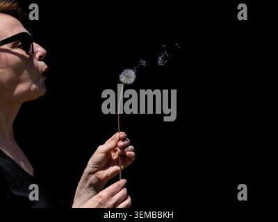 A woman blows on a dandelion flower to make the seeds fly away Stock Photo