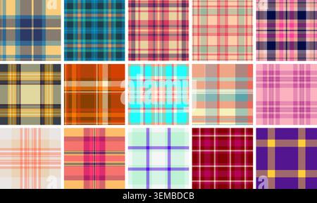Plaid pattern bundle for party accessories. Suitable for tags, labels, cupcake toppers, and favors. Seamless vectors align perfectly. Stock Vector