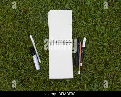 Top view of open blank spiral notebooks on green grass background, surrounded by sketching markers, drawing pencils and artist supplies. Stock Photo