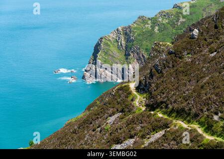 Spectacular rugged coastline from the coast path near Heddon’s Mouth, Devon, England Stock Photo