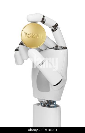 Robot hand holding a token coin isolated on white background. 3D illustration. Stock Photo