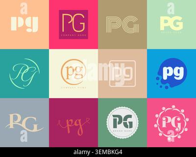 PG logo company template. Letter p and g logotype. Set different classic serif lettering and modern bold text with design elements. Initial font typog Stock Vector