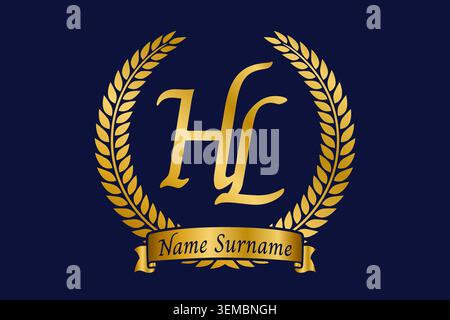 Initial letter H and L, HL monogram logo design with laurel wreath. Luxury golden emblem with calligraphy font. Stock Vector