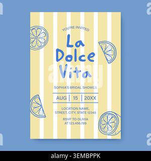 La Dolce Vita bridal shower invitation with lemon illustrations and striped background. Vector illustration Stock Vector