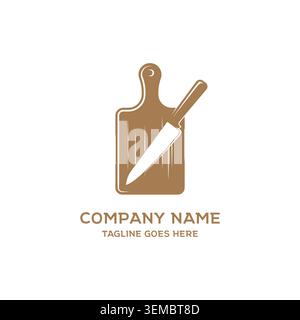 Rustic Wooden Chopping Block Graphic Design Featuring Sharp Kitchen Cleaver Blade Knife Silhouette Stock Vector