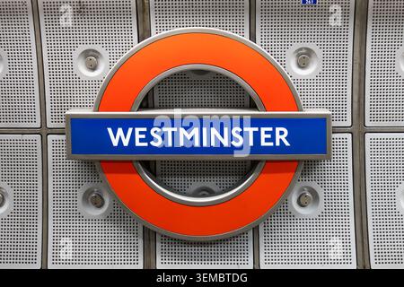 Westminster tube station sign. London, UK, 17 December 2023 Stock Photo