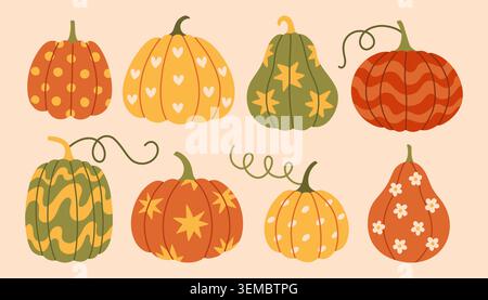 Cute patterned autumn pumpkins vector illustration featuring stars, hearts, flowers, and wavy stripes. Playful decorative gourds for modern fall Stock Vector