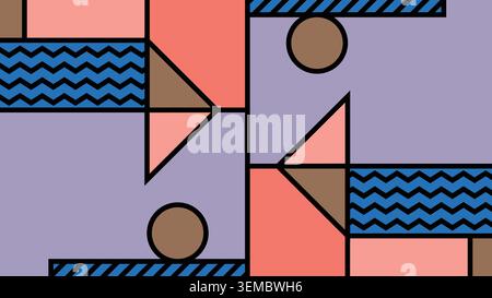 Abstract geometric shape artwork in purple, coral, blue, and brown tones, decorated with zigzags, dots, and striped patterns Stock Vector