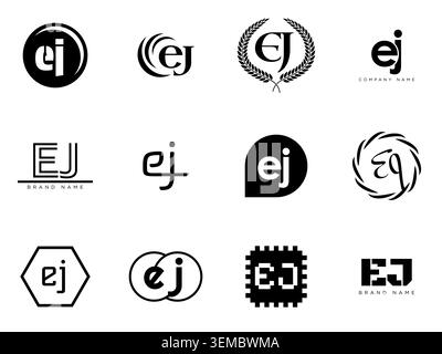 EJ logo company template. Letter e and j logotype. Set different classic serif lettering and modern bold text with design elements. Initial font typog Stock Vector