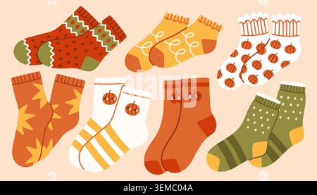 Warm autumn socks collection vector illustration with pumpkin, stripes, and fair isle patterns. Cozy fall apparel elements for clothing store Stock Vector