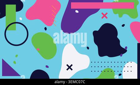 Bright and playful Memphis style abstract pattern with neon shapes on blue background. Perfect for trendy modern visuals Stock Vector