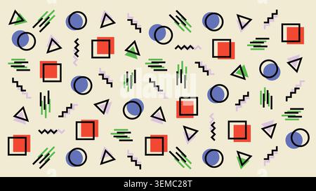 Seamless geometric pattern with colorful Memphis style shapes in red, blue, green, and black on a light beige background. Ideal for modern retro designs and digital art Stock Vector