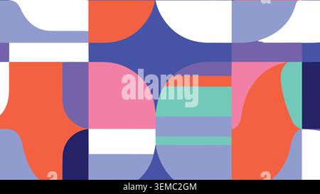 Dynamic retro background with curved geometric blocks in blue, orange, and yellow tones, offering a bold modern aesthetic ideal for creative digital layouts and artistic visuals Stock Vector