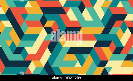 Retro isometric background with geometric 3D block shapes in orange, yellow, teal, and navy tones, creating a warm vintage modern pattern perfect for posters, branding, and digital visuals Stock Vector
