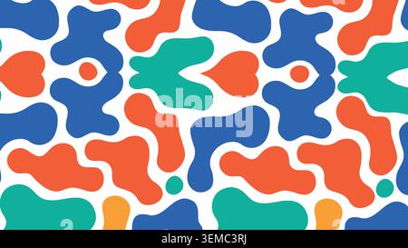 Seamless organic blob print in teal, orange, yellow, peach, and blue, offering a playful abstract design for digital backgrounds and textiles Stock Vector