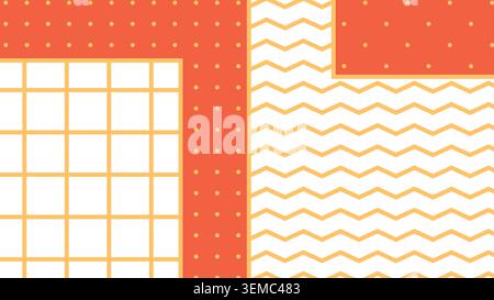Colorful geometric background with zigzag lines, dotted sections, and grid blocks in vibrant orange and yellow tones. Ideal for retro inspired, fun, and abstract design projects Stock Vector