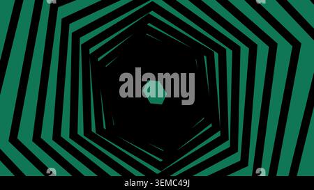 Green and black geometric tunnel illusion with layered pentagon shapes. Ideal for abstract posters, digital wallpapers, futuristic designs, techno visuals, and hypnotic motion backgrounds Stock Vector