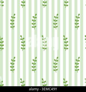 Seamless pattern in green stripes with branch Stock Vector
