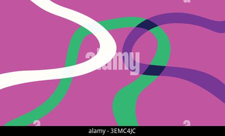 Neon abstract composition with flowing green, white, and purple curved lines on pink base. Fun and playful modern background Stock Vector