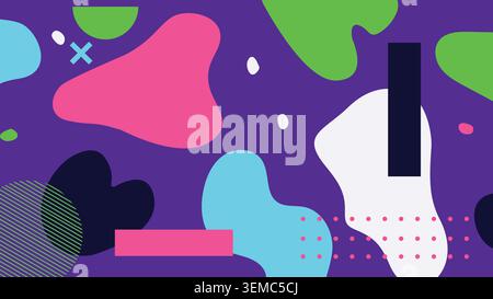 Memphis inspired abstract background with purple base and neon pink, green, and blue shapes. Ideal for pop art or retro designs Stock Vector