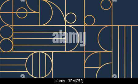 A modern Art Deco seamless pattern with golden circular and horizontal geometric elements on a dark blue background. Perfect for luxury branding, packaging, wallpapers and elegant digital projects Stock Vector