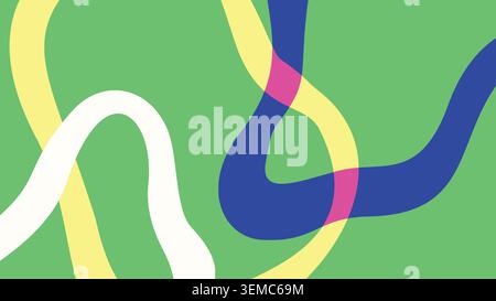 Bright abstract background with yellow, blue, and pink curved lines over vivid green base. Energetic and creative wave design Stock Vector