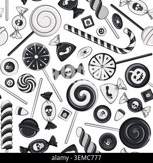 Seamless pattern of black and white sweets, candies and lollipops for Halloween. Vector background. Stock Vector