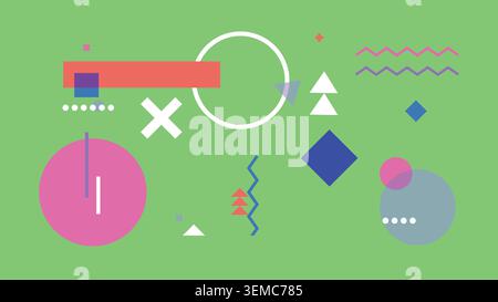 Playful Memphis style shapes on a bright yellow background, ideal for cheerful, retro, creative, fun and modern graphic design projects Stock Vector